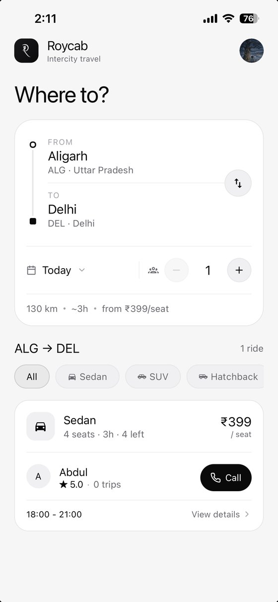 Roycab app — booking an Aligarh to Delhi intercity cab